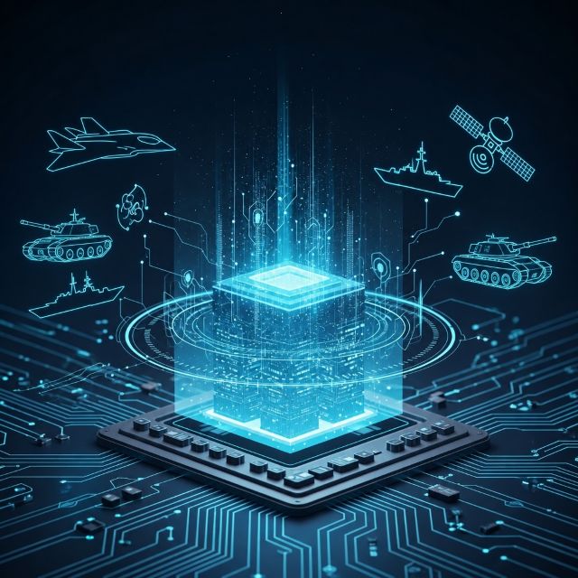 Image holographique d'un système de défense projetant des images de chars, de navires de guerre, de drones et d'aéronefs.