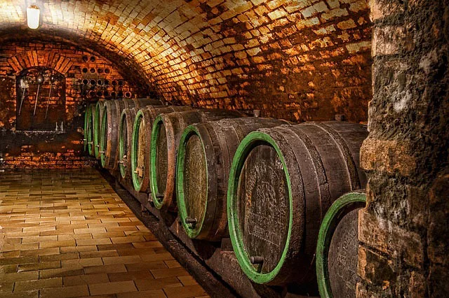  A row of wine barrels in a wine cellar in France