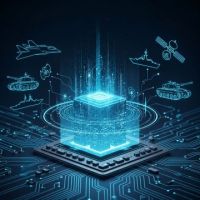 Hologram image of a defence system projecting images of tanks, battleships, drones and aircraft.