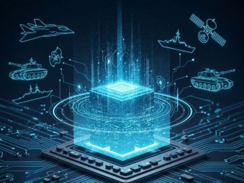 Hologram image of a defence system projecting images of tanks, battleships, drones and aircraft.