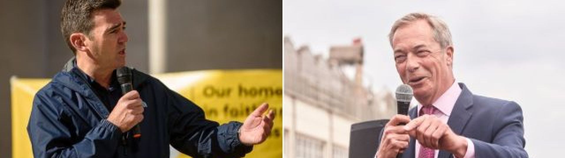British MPs Andy Burnham with microphone stands left and Nigel Farage stands rightwith