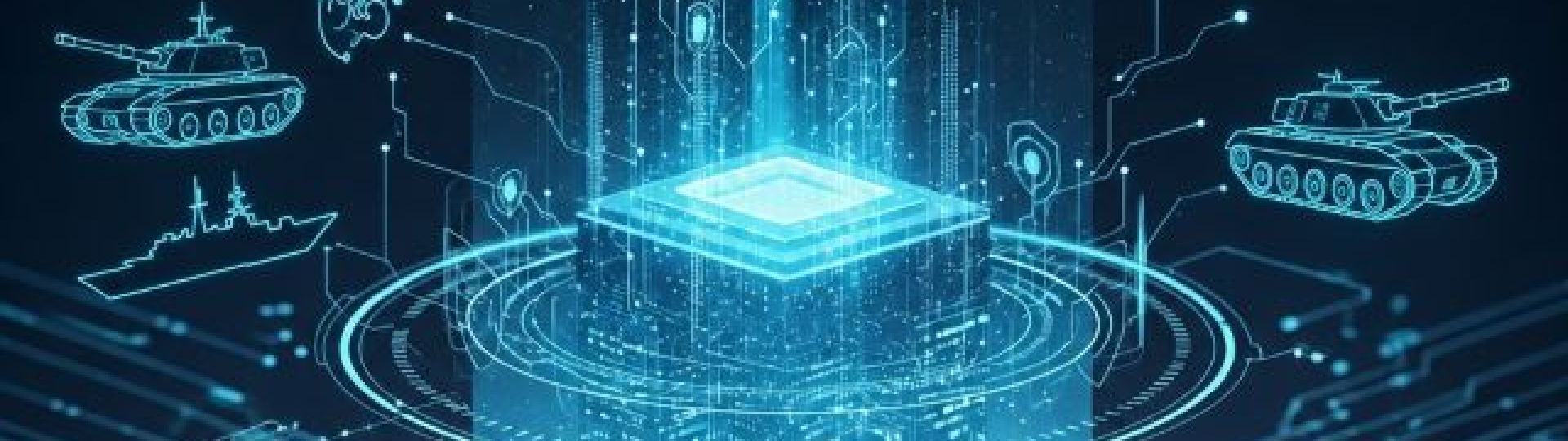 Hologram image of a defence system projecting images of tanks, battleships, drones and aircraft.