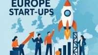Conception graphique pour Europe Startups - dessin de deux hommes et deux femmes travaillant au lancement d'une fusée pour une startup, avec une carte de l'Europe en arrière-plan.