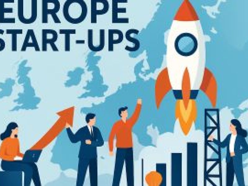 Conception graphique pour Europe Startups - dessin de deux hommes et deux femmes travaillant au lancement d'une fusée pour une startup, avec une carte de l'Europe en arrière-plan.